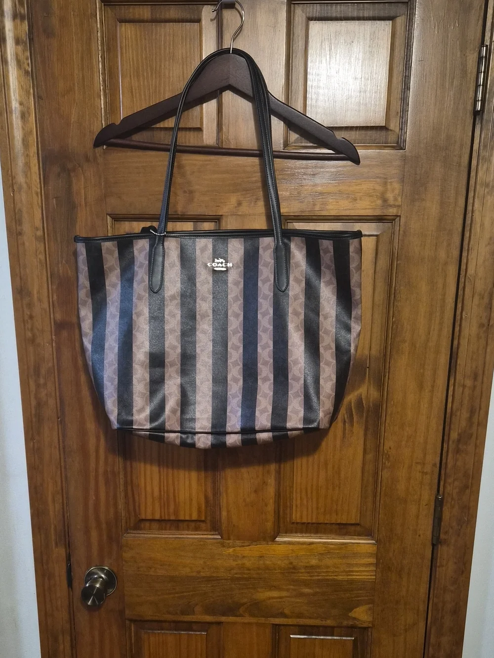 0Coach Brown Vertical Stripe Tote With Zipper